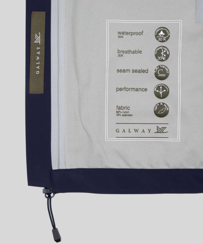 Inside of the Clifden jacket showing seam-sealed construction and the Galway logo