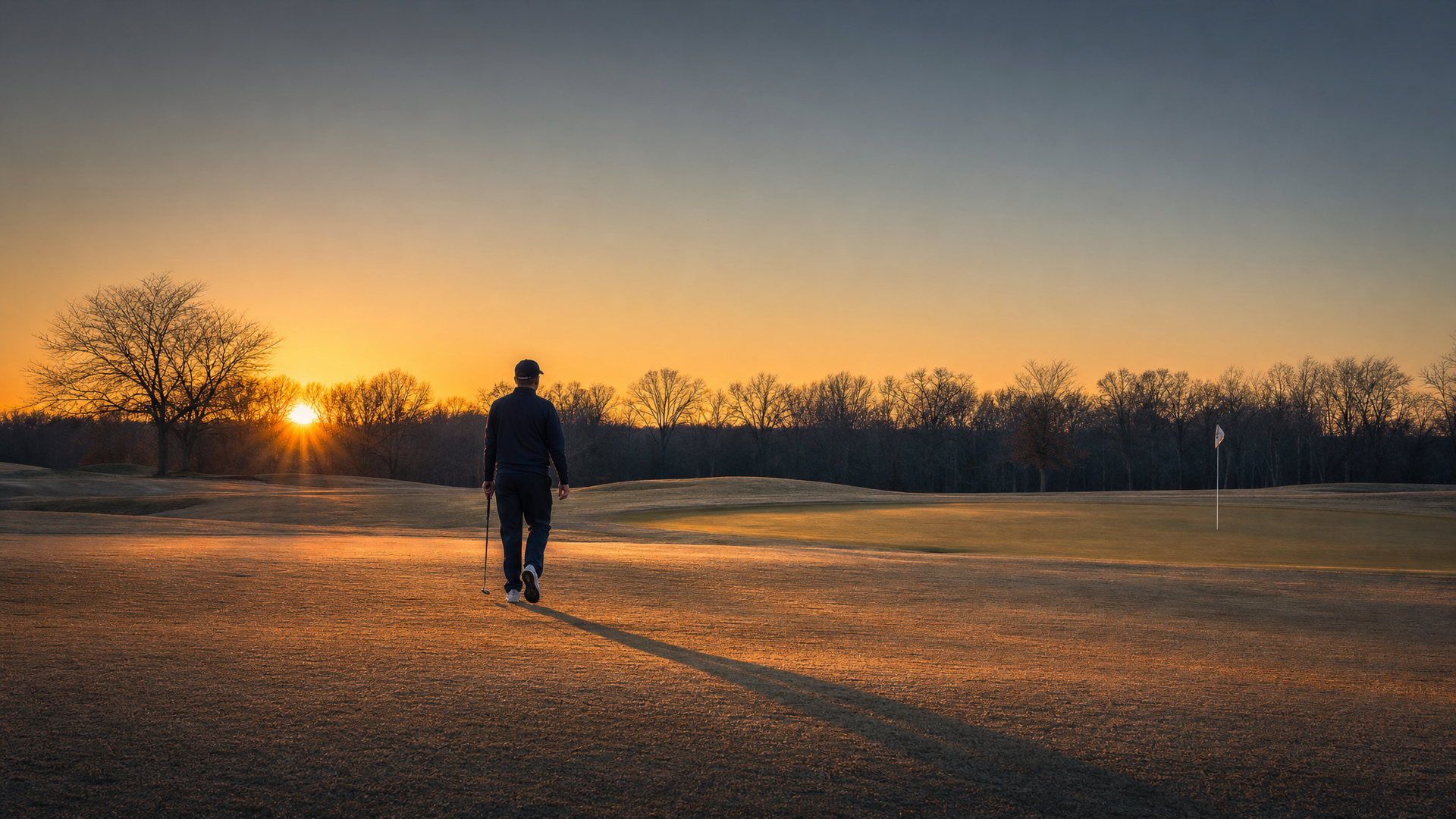 Golfer walking across a golf course at sunrise during end of season