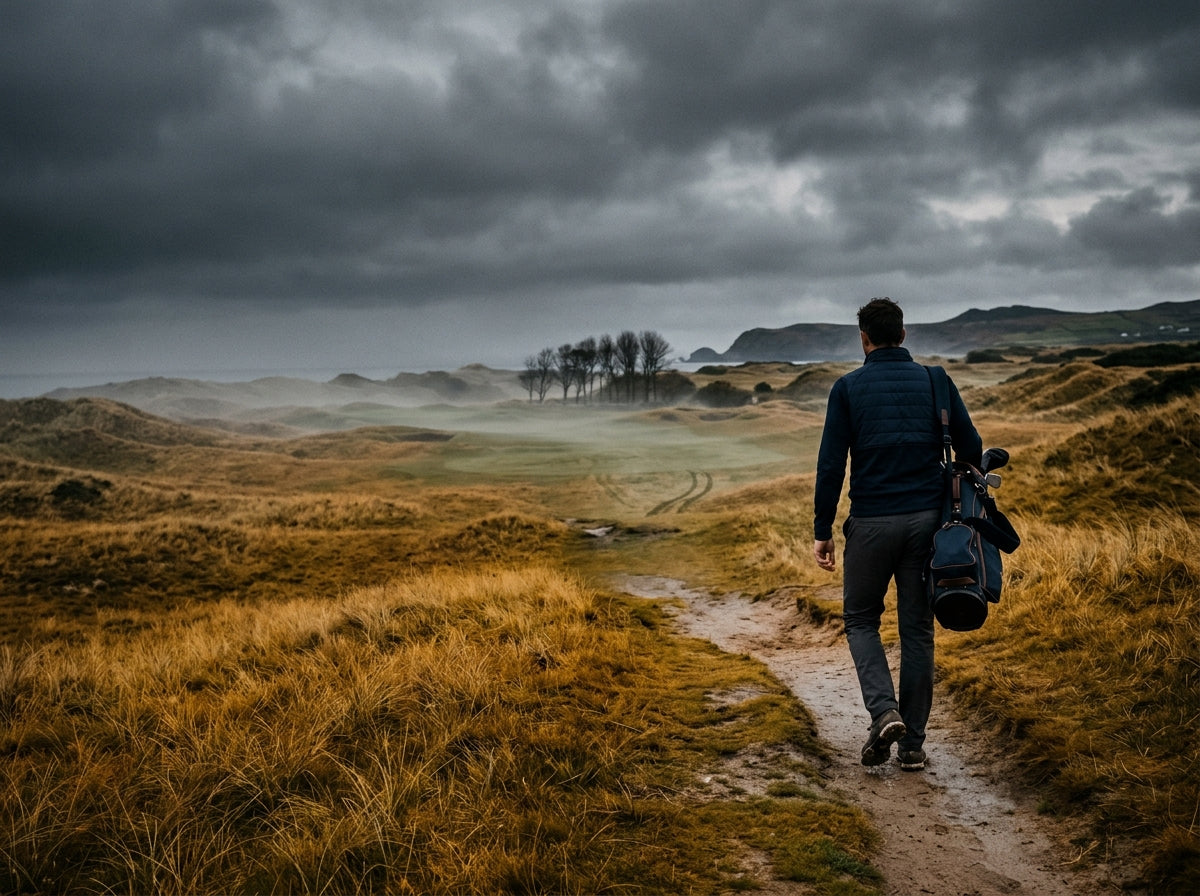 Golfer walking on a crisp fall morning on an Irish links course wearing layered Galway apparel