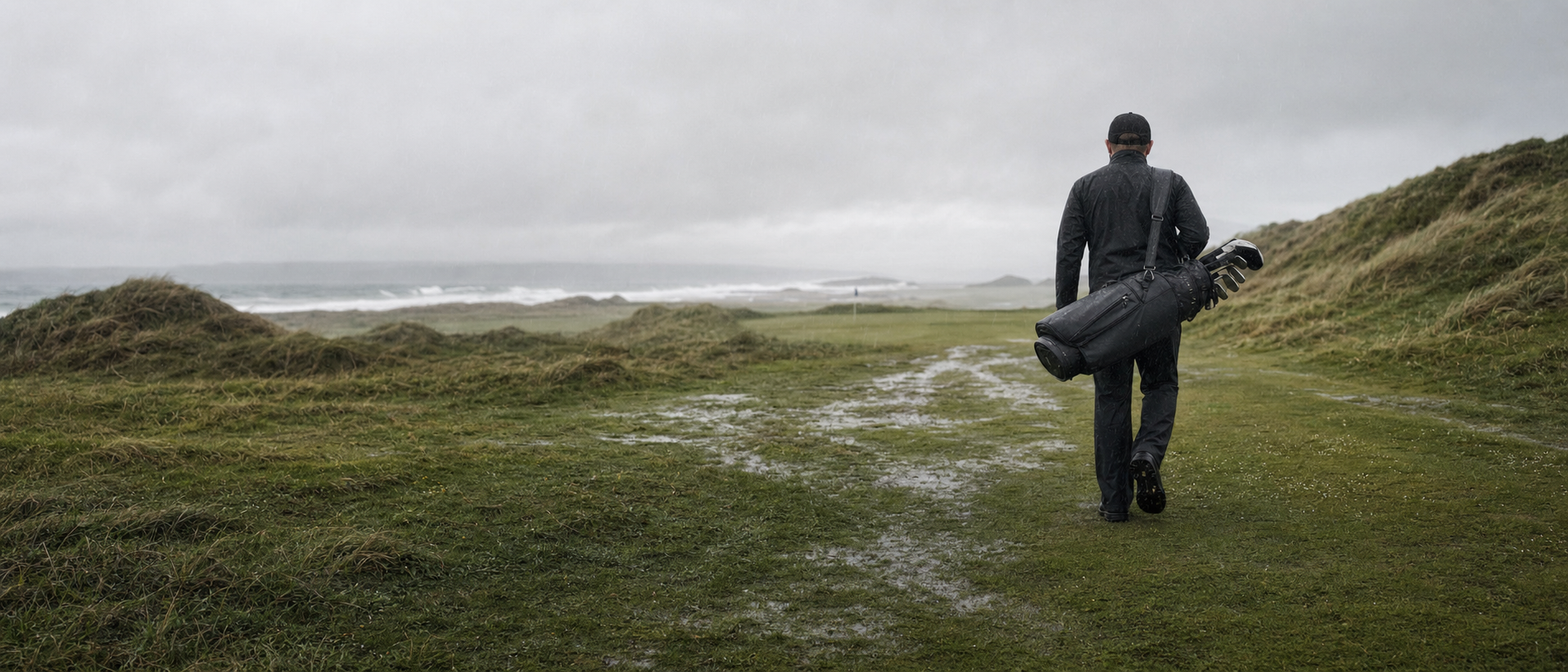Golfer walking across a rain-soaked Irish links golf course in dark rain gear