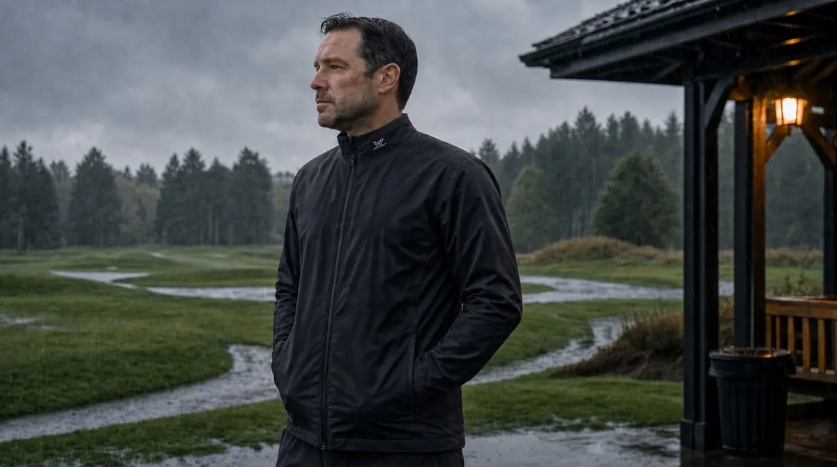 Golfer in a black rain jacket playing through heavy rain
