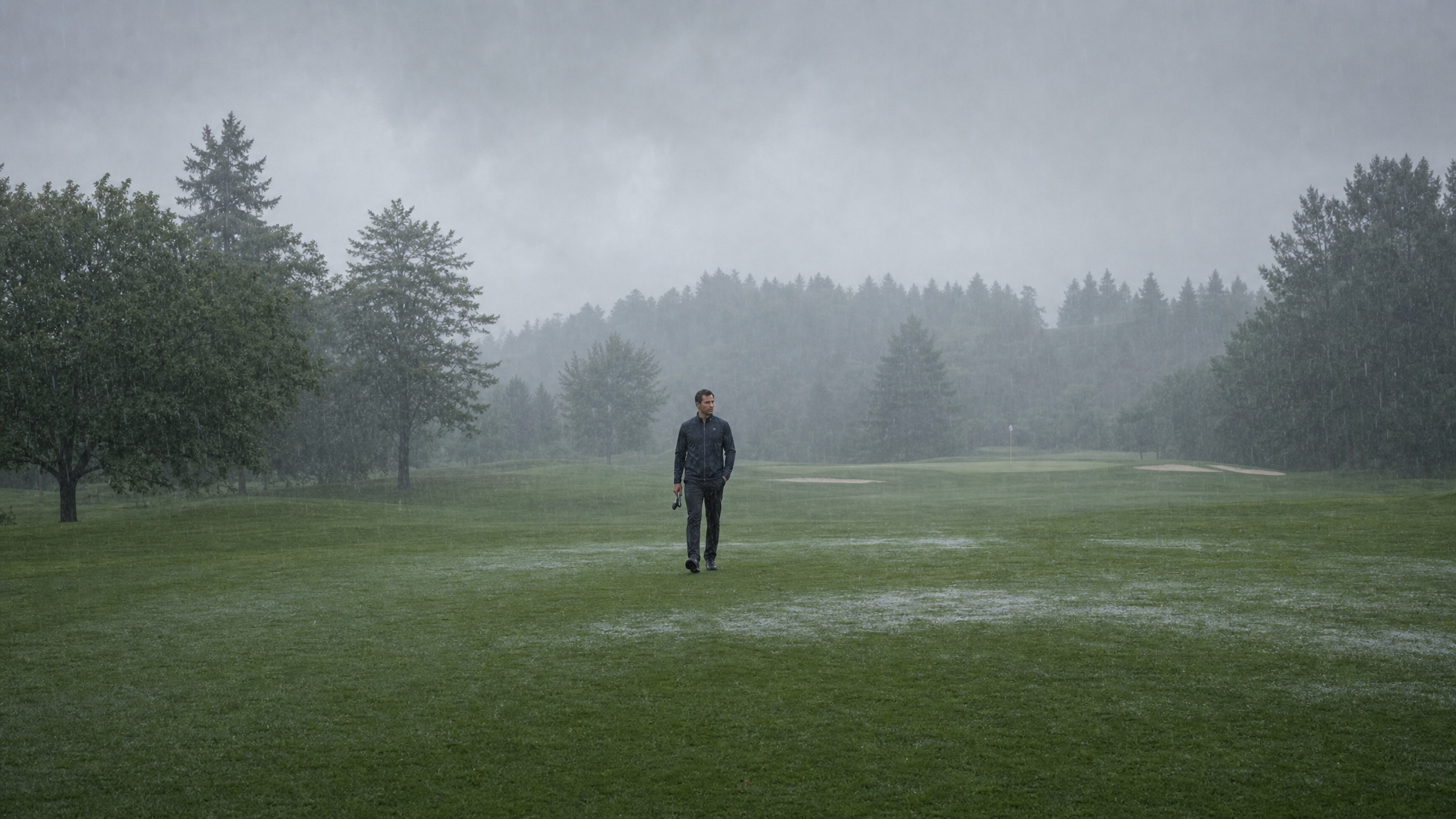 Man walking across a wet golf course in heavy rain