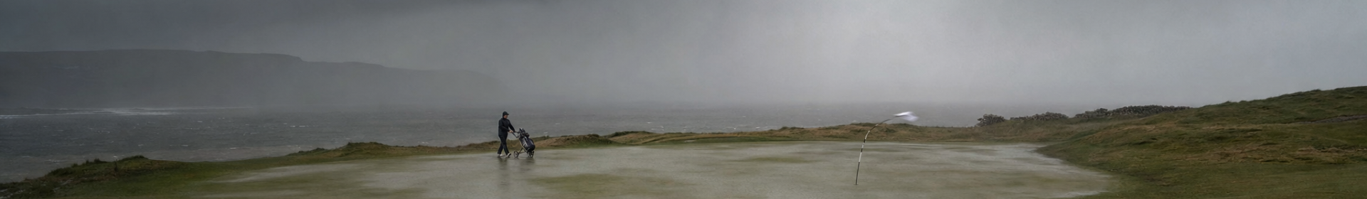 Stormy golf course scene - Galway Bay rain gear promo banner