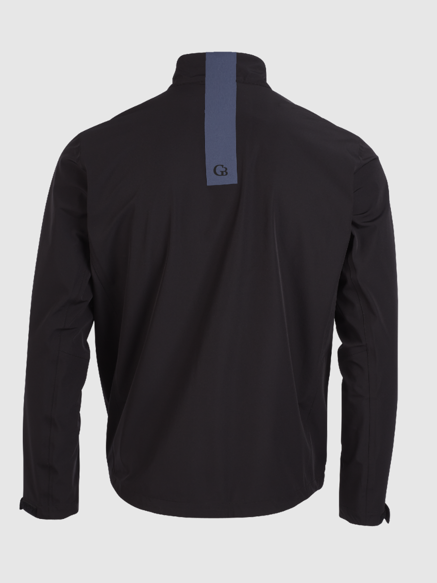 The back of a Black 3-layered Long Sleeve Golf Rain Jacket
